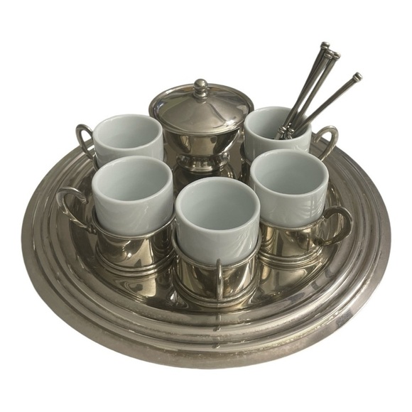 VINTAGE 17 PC. GOLD/SILVER DEMITASSE ESPRESSO SET TRAY, PORCELAIN CUPS & SPOONS - Picture 2 of 15